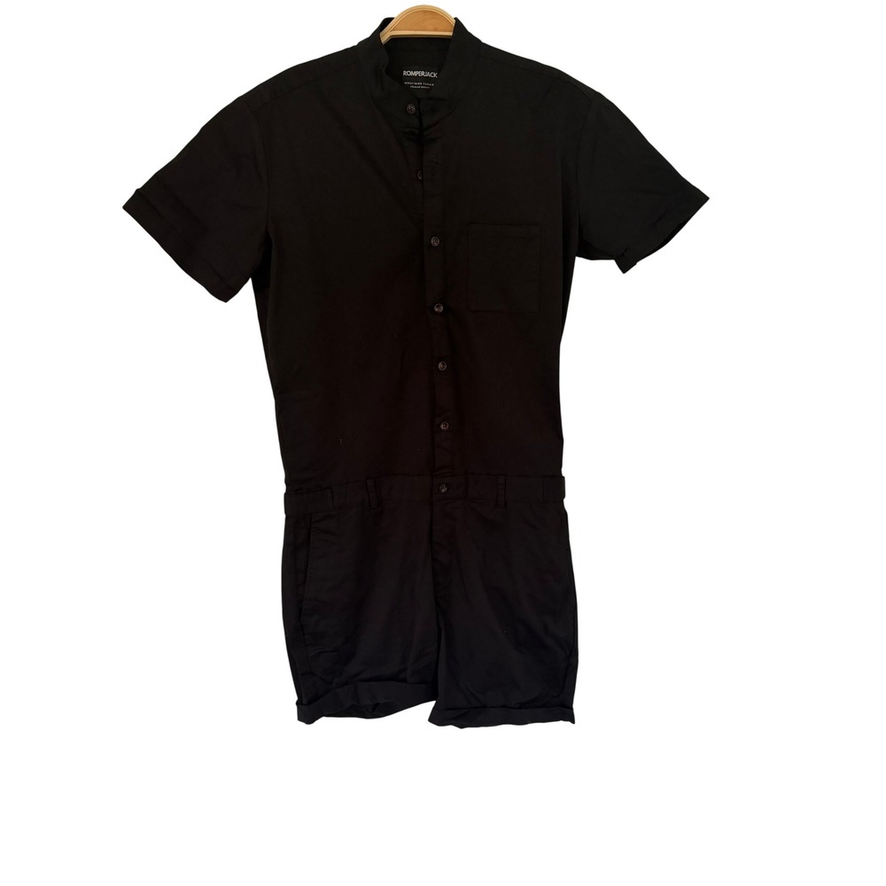 Romperjack Mens Black Short Sleeve Button Down Romper Mandarin Collar Small